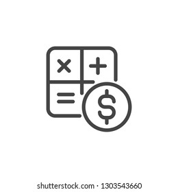 Counting Cash Icon. Mathematical Formula Symbols And Dollar Sign. Cash Calculation Line Label. Budget Planning, Cost Estimates, Analysis Of Savings Concept. Vector Illustration Isolated On White