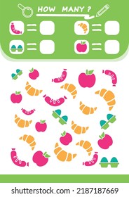 Counting child game with cartoon items. Collection of learning children. Calculate how many and write down the result. Preschool workbook.