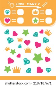 Counting child game with cartoon items. Collection of learning children. Calculate how many and write down the result. Preschool workbook.