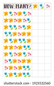 Counting children game of cartoon amazing flowers . Kids learning collection. Count how many elements and write the result. Preschool worksheet activity.