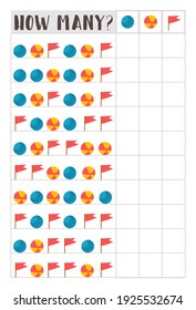 Counting children game of cartoon baby toys. Kids learning collection. Count how many elements and write the result. Preschool worksheet activity.