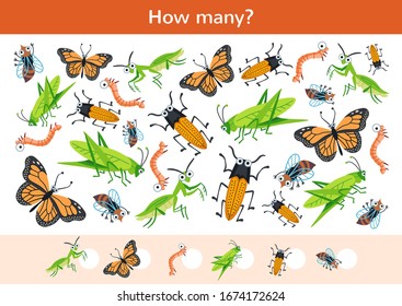 Counting children game of cartoon beetles. Kids learning collection. Count how many insects and write the result. Preschool worksheet activity.