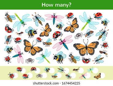 Counting children game of cartoon beetles. Kids learning collection. Count how many insects and write the result. Preschool worksheet activity.