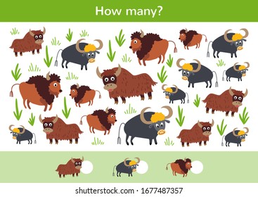 Counting children game of cartoon bulls. Kids learning collection. Count how many elements and write the result. Preschool worksheet activity.