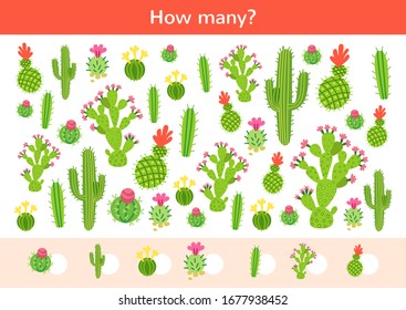 Counting children game of cartoon cactus and succulents. Kids learning collection. Count how many elements and write the result. Preschool worksheet activity.