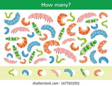 Counting children game of cartoon caterpillars. Kids learning collection. Count how many insects and write the result. Preschool worksheet activity.