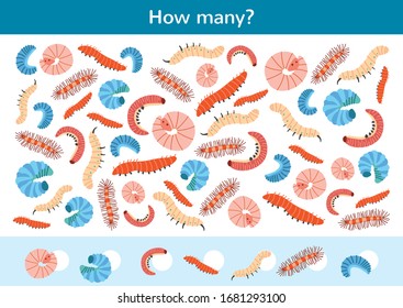 Counting children game of cartoon caterpillars. Kids learning collection. Count how many insects and write the result. Preschool worksheet activity.