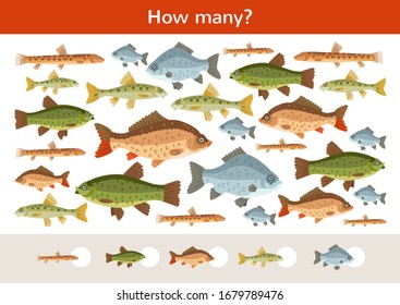 Counting children game of cartoon fish. Kids learning collection. Count how many elements and write the result. Preschool worksheet activity.