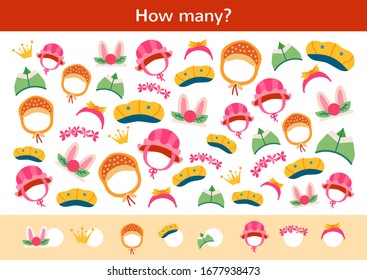 Counting children game of cartoon kids hats. Kids learning collection. Count how many elements and write the result. Preschool worksheet activity.