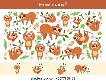 Counting children game of cartoon sloths. Kids learning collection. Count how many elements and write the result. Preschool worksheet activity.