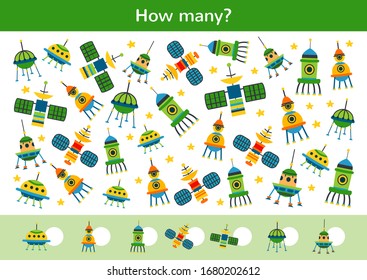 Counting children game of cartoon spaceships. Kids learning collection. Count how many elements and write the result. Preschool worksheet activity.