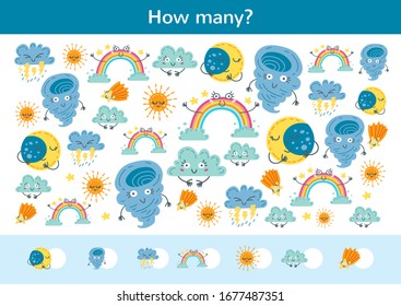Counting children game of cartoon weather set. Kids learning collection. Count how many elements and write the result. Preschool worksheet activity.