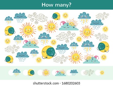 Counting children game of cartoon weather set. Kids learning collection. Count how many elements and write the result. Preschool worksheet activity.
