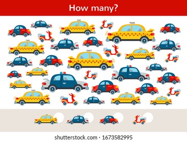 Counting children game of toy transport set. Kids learning collection. Count how many elements and write the result. Preschool worksheet activity.