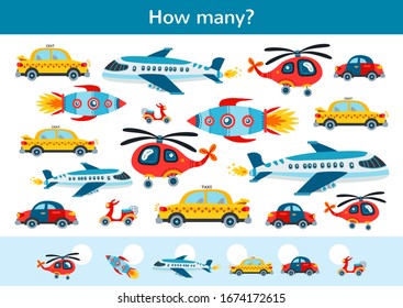 Counting children game of toy transport set. Kids learning collection. Count how many elements and write the result. Preschool worksheet activity.