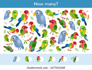 Counting children game of tropical parrots. Kids learning collection. Count how many birds and write the result. Preschool worksheet activity.