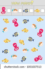 Counting children's educational games, children's sheet. How many objects task, marine life, sea theme. vector illustration. Part #6