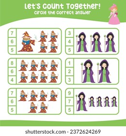 Counting and circle the correct number with cute fairytale kingdom cartoon character. Let’s count together worksheet. Educational printable math worksheet. Math game for children. 