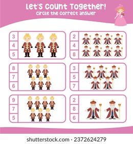 Contando y rodeando el número correcto con un lindo personaje de dibujos animados del reino de las hadas. Contemos juntos la hoja de cálculo. Hoja de cálculo de matemáticas imprimibles educacionales. Juego de matemáticas para niños. 