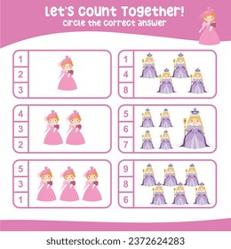 Counting and circle the correct number with cute fairytale kingdom cartoon character. Let’s count together worksheet. Educational printable math worksheet. Math game for children. 