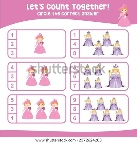 Counting and circle the correct number with cute fairytale kingdom cartoon character. Let’s count together worksheet. Educational printable math worksheet. Math game for children. 
