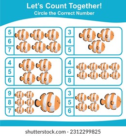 Let’s counting the clownfish together and circle the correct number on the page. Educational printable math worksheet. Math game for children with cute sea animals character. Vector illustration file.