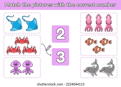 Counting development game for children. Match the pictures with the correct number. Math education for kids. Vector illustration of cartoon sea animals.