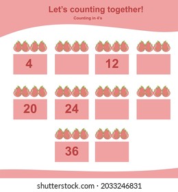 Das Zählen von Drachenfrucht für Kinder. Worksheet zur Fruchtzählung Zählt in 4s. Mathe-Arbeitsblatt für die Vorschule. pädagogisches, druckbares Mathematik-Arbeitsblatt. Vorschulbildung. Vektorgrafik.
