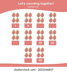 Counting Dragon Fruit for children. Fruit Counting Math Worksheet. Counting in 4s. Math Worksheet for Preschool. Educational printable math worksheet. Preschool Education. Vector illustration.