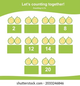 Counting Durians for children. Fruit Counting Math Worksheet. Counting in 2s. Math Worksheet for Preschool. Educational printable math worksheet. Preschool Education. Vector illustration.