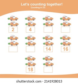 Counting the easter bunny for Preschool Children. Counting multiples of two. Educational printable math worksheet. Additional worksheet for kids. Vector illustration.