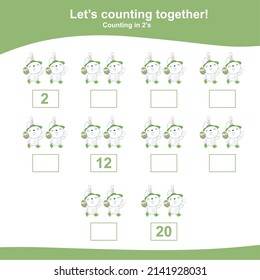 Counting the easter bunny for Preschool Children. Counting multiples of two. Educational printable math worksheet. Additional worksheet for kids. Vector illustration.