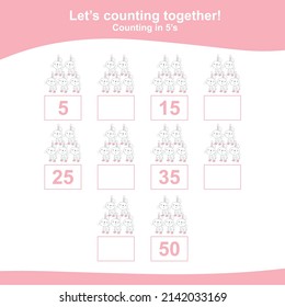 Counting the easter bunny for Preschool Children. Counting multiples of five. Educational printable math worksheet. Additional worksheet for kids. Vector illustration.