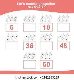 Counting the easter bunny for Preschool Children. Counting multiples of six. Educational printable math worksheet. Additional worksheet for kids. Vector illustration.