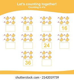 Counting the easter chicks for Preschool Children. Counting multiples of three. Educational printable math worksheet. Additional worksheet for kids. Vector illustration.