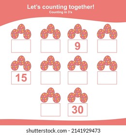 Counting the easter eggs for Preschool Children. Counting multiples of three. Educational printable math worksheet. Additional worksheet for kids. Vector illustration.