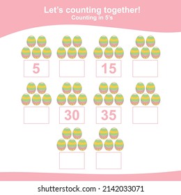 Counting the easter eggs for Preschool Children. Counting multiples of five. Educational printable math worksheet. Additional worksheet for kids. Vector illustration.