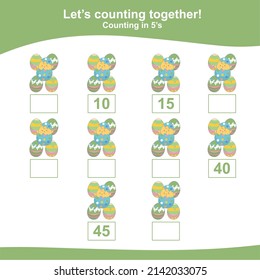 Counting the easter eggs for Preschool Children. Counting multiples of five. Educational printable math worksheet. Additional worksheet for kids. Vector illustration.