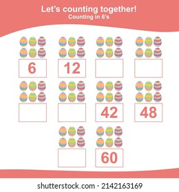 Counting the easter eggs for Preschool Children. Counting multiples of six. Educational printable math worksheet. Additional worksheet for kids. Vector illustration.