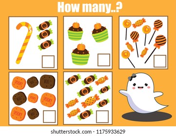 Counting educational activity for children and kids. Halloween theme mathematics game for toddlers. How many objects addition worksheet