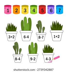 Counting educational children game. Calculate the mathematical examples
 and color the objects in the correct color. Math kids activity sheet.