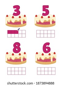 Counting educational children game. Color over the cells according to the number on the cake.
