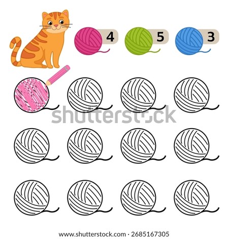 Counting educational children game, Color the balls of wool in the desired color using the sample.
