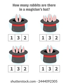 Contando niños educacionales juego. ¿Cuántos conejos están sentados en un sombrero de mago?
