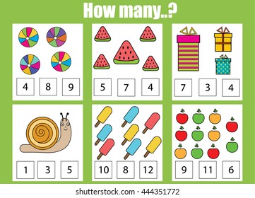 Counting educational children game. How many objects task. Learning mathematics, numbers, addition theme, kids worksheet