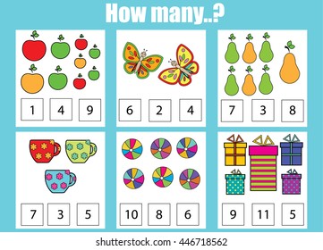 Counting educational children game. How many objects task. Learning mathematics, numbers, addition theme, kids printable worksheet