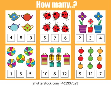 Counting educational children game. How many objects task. Learning mathematics, numbers, addition theme