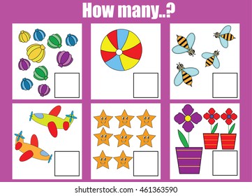 Counting educational children game. How many objects task. Learning mathematics, numbers, addition theme