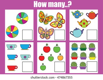 Counting educational children game. How many objects task. Learning mathematics, numbers, addition theme