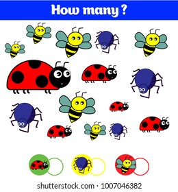 Counting educational children game, kids activity sheet. How many objects task. Learning mathematics, numbers. Vector illustration